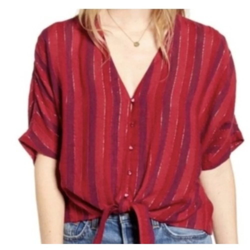 Rails Thea Rouge Stripe Tie Front Top Red Purple Gold Metallic Linen Blend S
